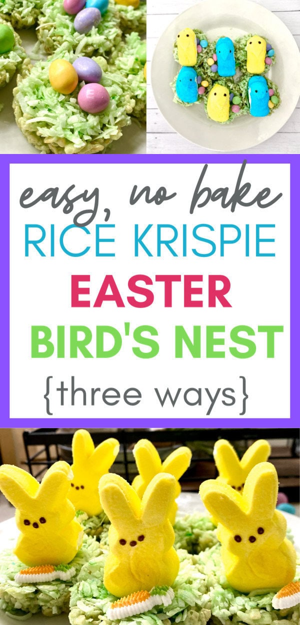 Colorful Easter rice krispie bird's nest treats featuring chick and bunny decorations. Perfect for easy, no-bake Easter dessert ideas and festive spring celebrations.