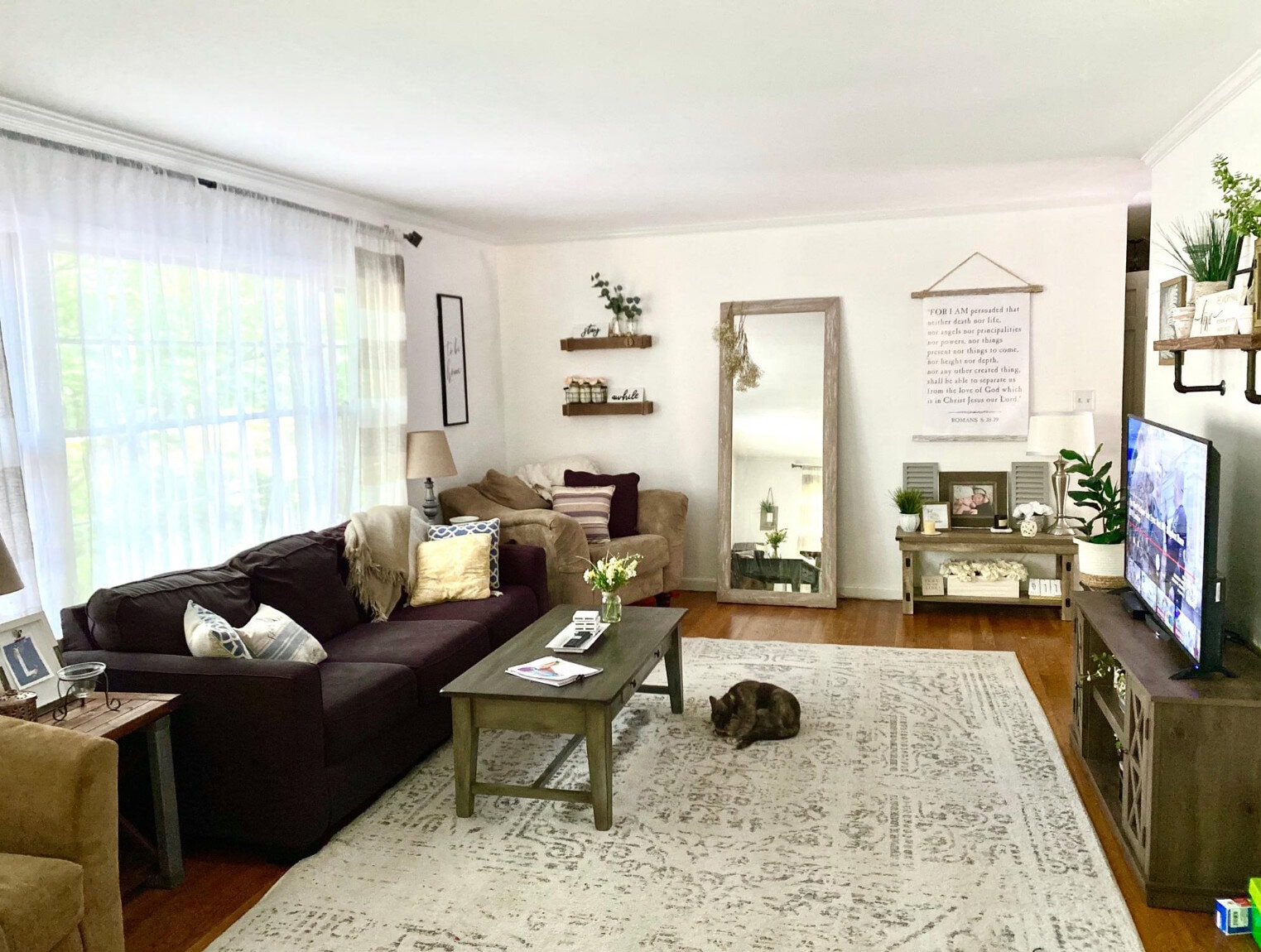 Cozy living room with beige and dark purple sofas, decorative pillows, a coffee table, TV, large mirror, wall art, floating shelves with plants, and a patterned area rug, creating a warm and inviting home atmosphere.