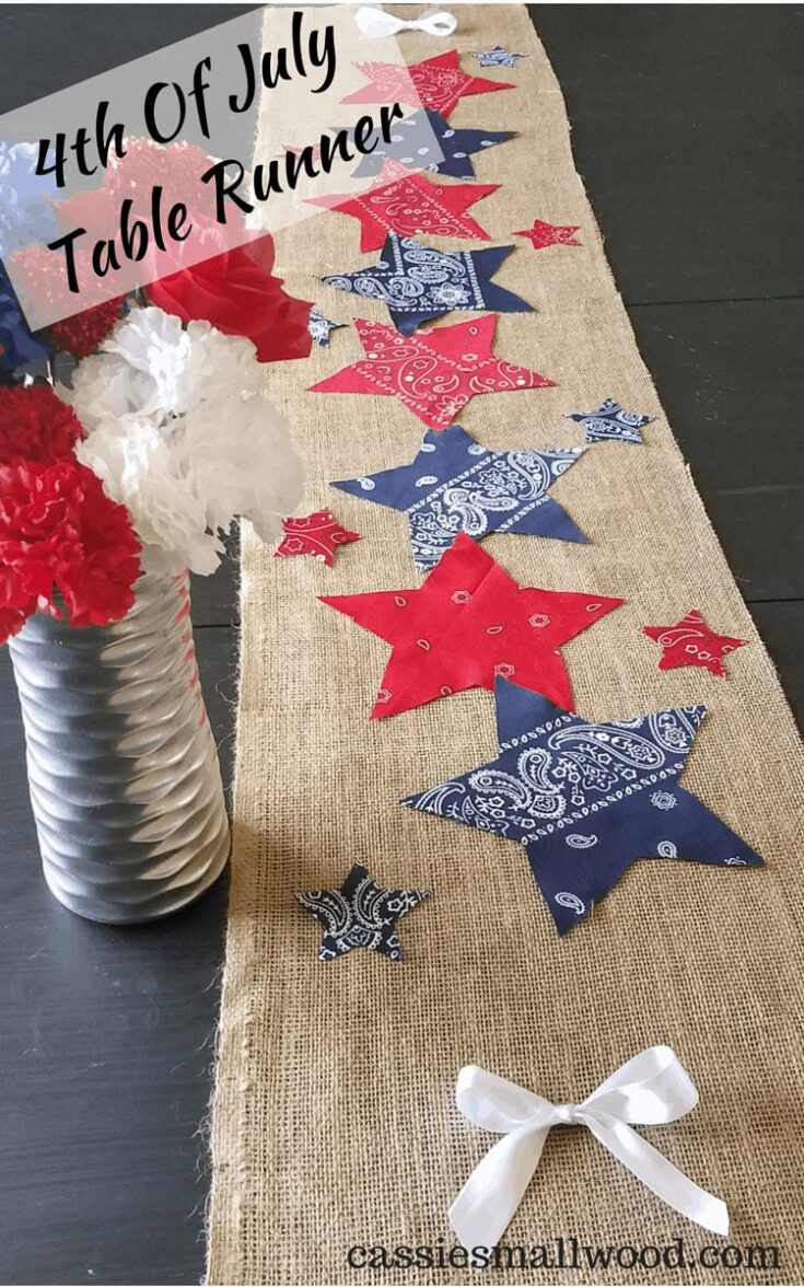 Red, white, and blue patriotic 4th of July star table runner decorated with bandana fabric accents for festive celebrations.