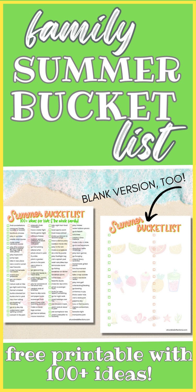 Colorful summer bucket list printable with 100+ family activity ideas for kids and the whole family, perfect for summer fun and outdoor adventures.