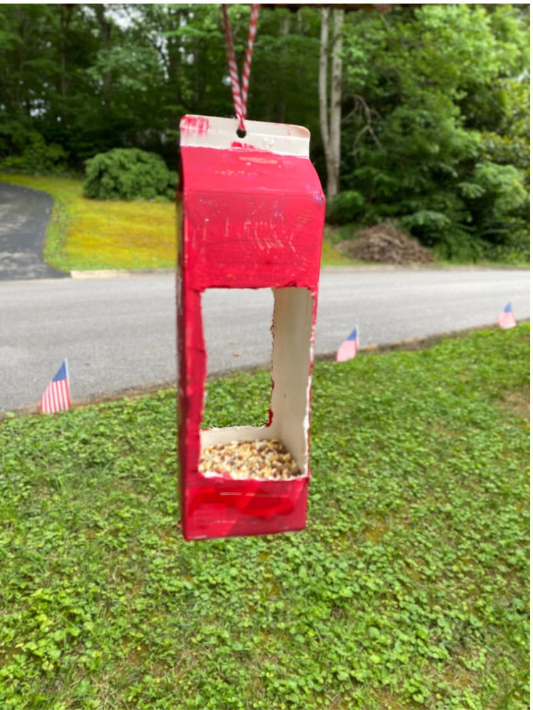 Miniature red bird feeder made from a repurposed wooden box, hanging outdoors with green grass and trees in the background. Perfect for birdwatching and backyard wildlife feeding.