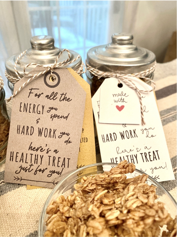 close up of free printable healthy treat gft tags wrapped around vintage jar with granola