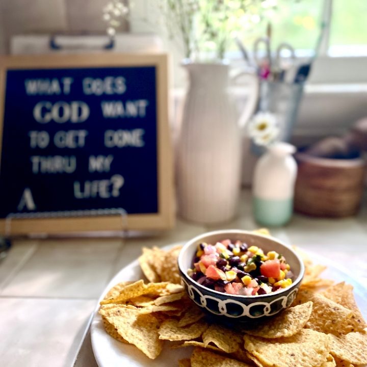 plated chips with cowboy caviar salsa on counter