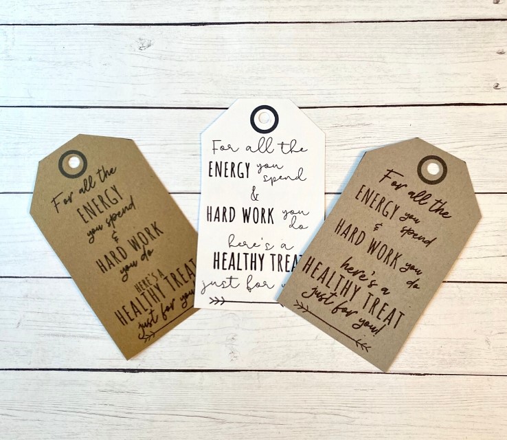 healthy treat poem on free printable gift tag, 3 designs on shiplap flatlay