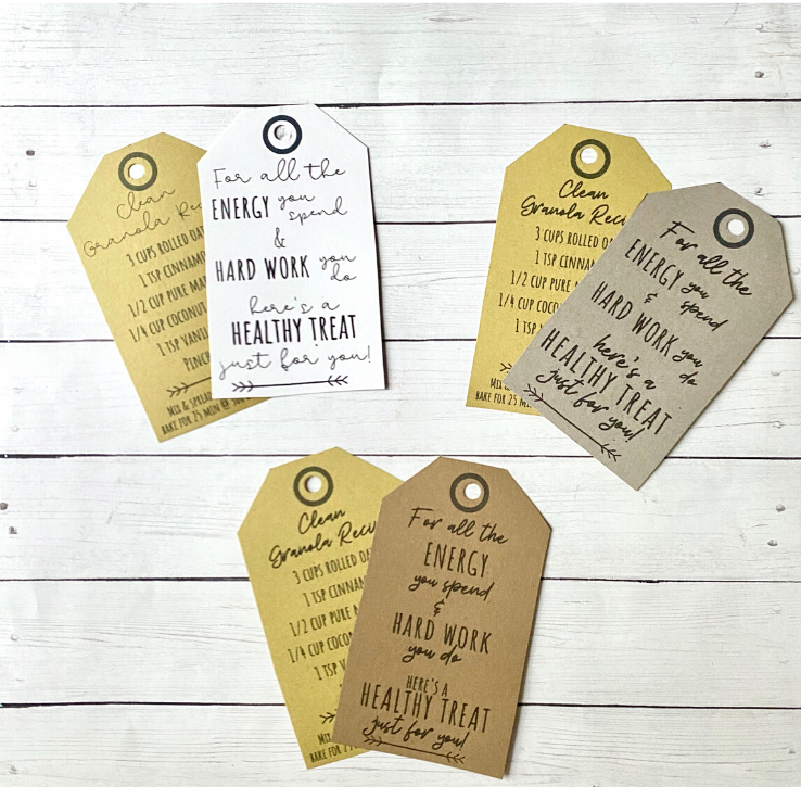 free printable healthy treat poem gift tags with granola recipe tag, flatlay on shiplap background