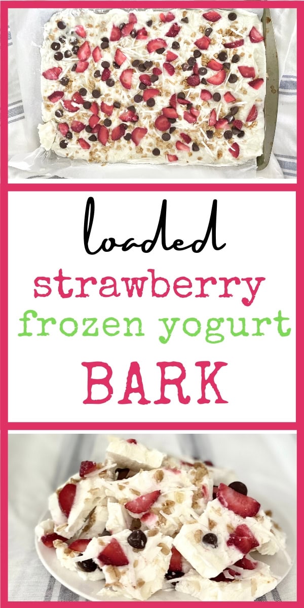 Creamy loaded strawberry frozen yogurt bark with fresh strawberries, chocolate chips, and coconut flakes, perfect for a healthy, delicious dessert or snack.