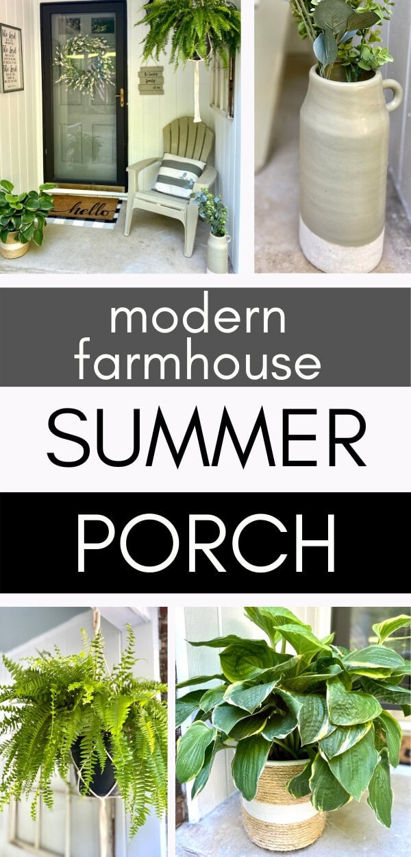 A charming modern farmhouse porch decorated with indoor plants, cozy seating, and inviting decor for a welcoming summer vibe.