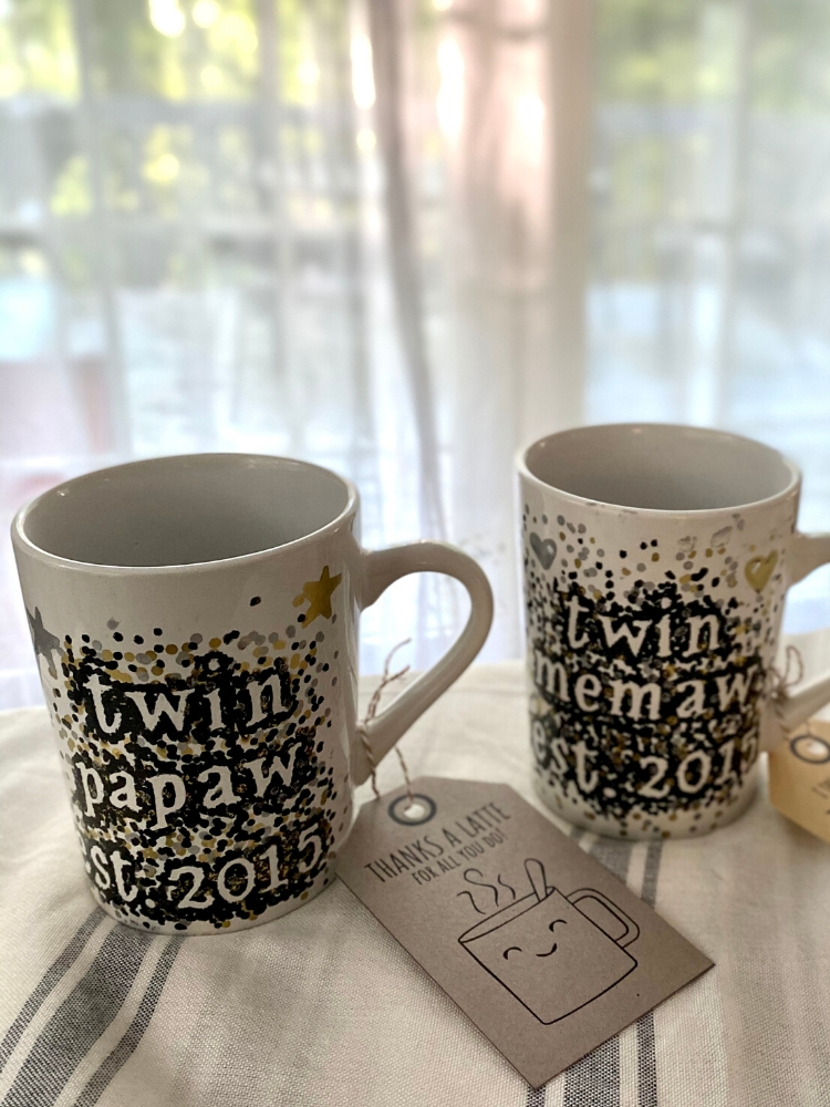 twin memaw twin papaw diy sharpie mugs created with stickers and dots, styled with coffee gift tags