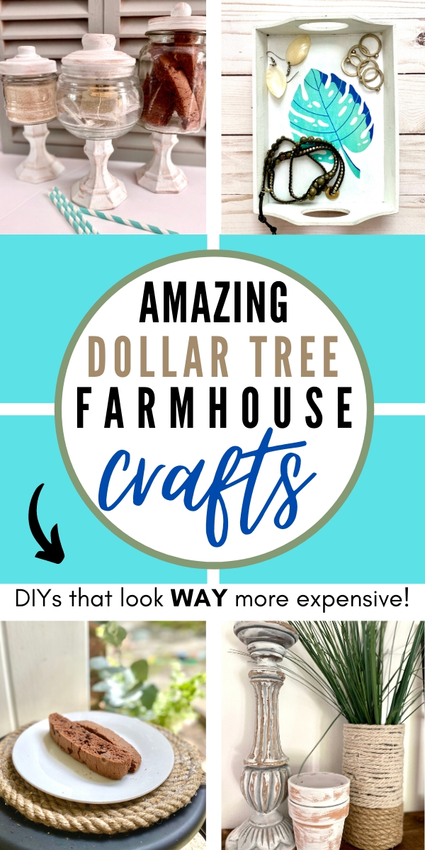 dollar tree farmhouse crafts, diy projects collage of apothecary jars, jewelry tray, charger plate, rope vase