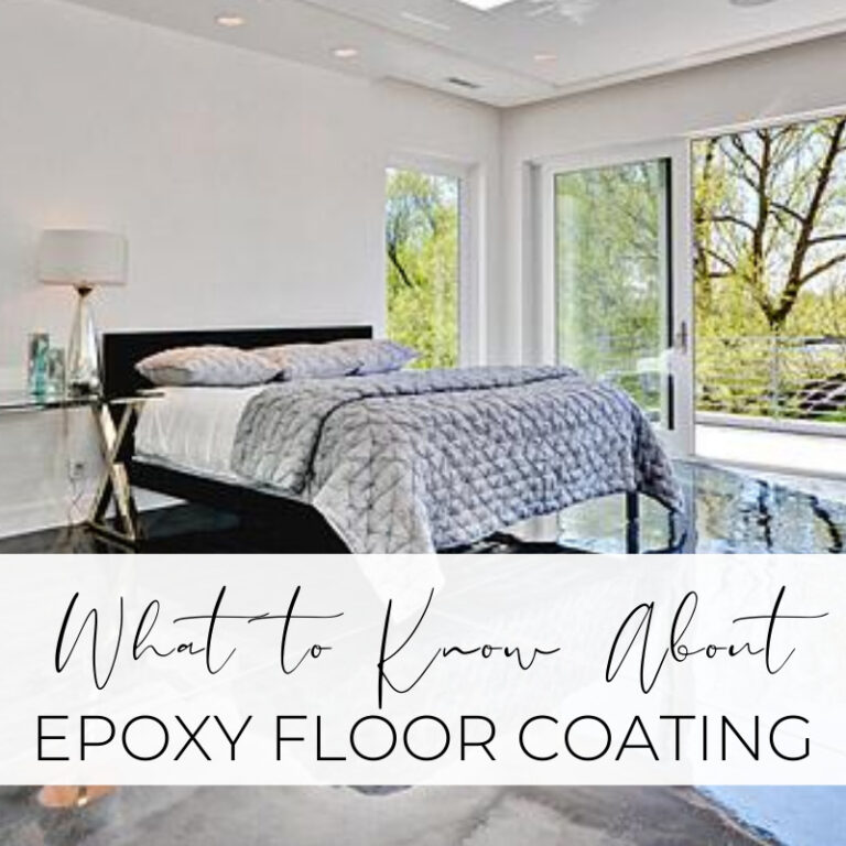 Epoxy floor coating in a modern, bright bedroom with large windows, fresh greenery outside, stylish bedding, and contemporary decor, perfect for home renovation and interior design ideas.