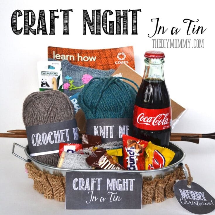 Colorful craft night in a tin with yarn, knitting supplies, snacks, and a Coca-Cola bottle, perfect for DIY projects and cozy winter evenings.