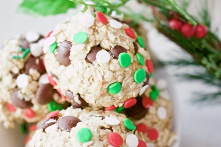 Chewy oatmeal cookie balls coated with colorful holiday sprinkles, perfect for festive treats and celebrations.
