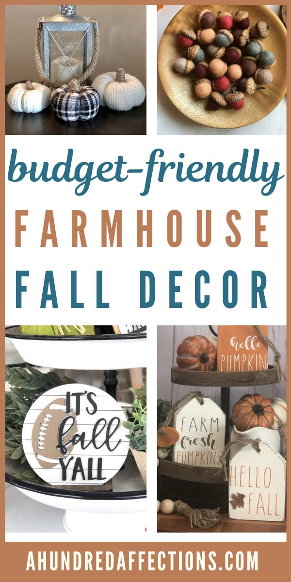 collage of budget friendly farmhouse decor from etsy, fabric pumpkins, felt acorns, football y'all sign, tier tray tag signs