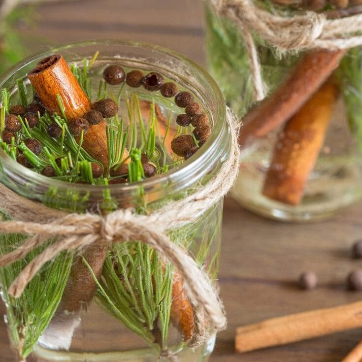 Aromatherapy herbs in glass jars with cinnamon sticks, rosemary, and peppercorns, tied with rustic twine, perfect for natural home decor and eco-friendly herbal infusion.