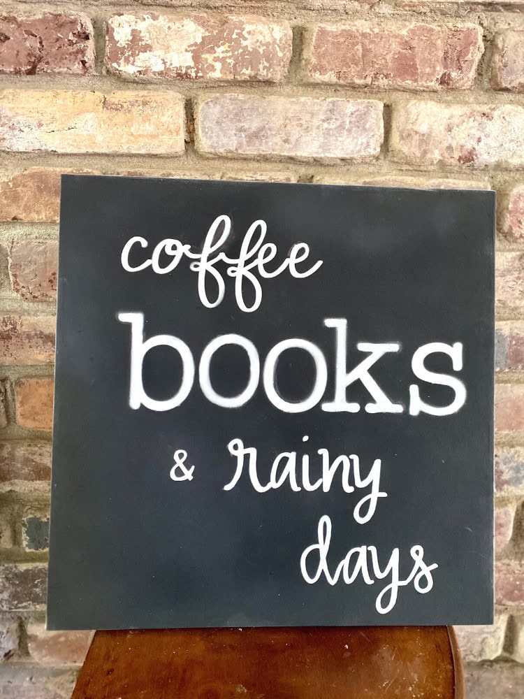 Coffe books rainy days black chalkboard wall art with white handwritten lettering for cozy home decor and coffee shop ambiance.
