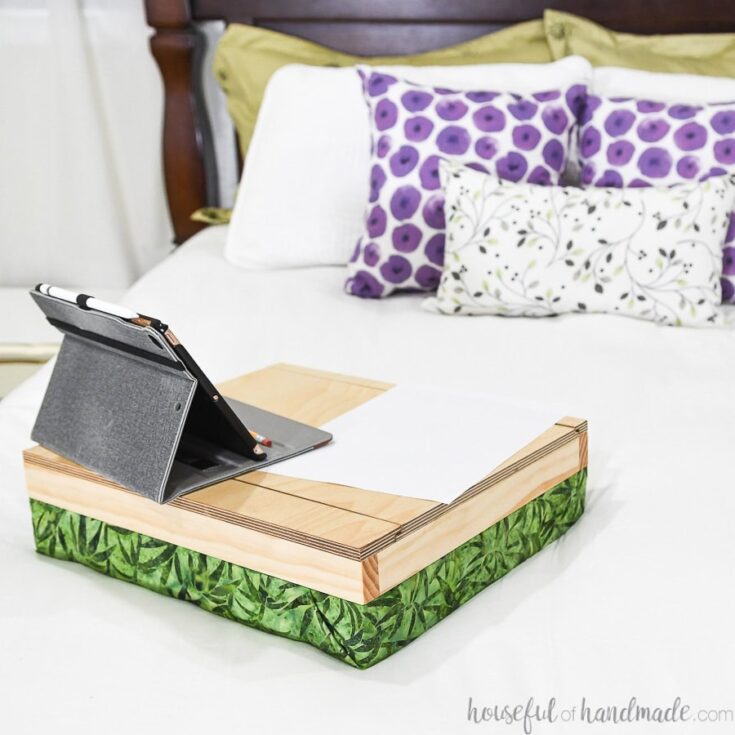 Wooden lap desk with a leafy green fabric border, perfect for working or reading in bed, by A Hundred Affections.