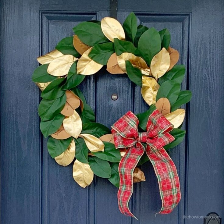 Green and gold holiday wreath with red plaid bow, Christmas decor, festive door decoration, seasonal wreath, holiday home ornament, decorative wreath for Christmas and winter seasons, celebration wreaths, festive door hanger, decorative holiday wreath, seasonal home decor, Christmas wreath ideas, winter holiday decoration, cheerful holiday wreath design, traditional Christmas wreath, decorative seasonal wreath.