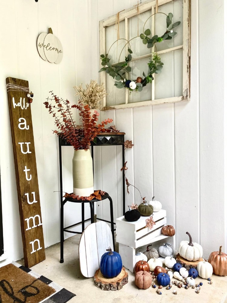 Pink Dried Eucalyptus and Pastel Pumpkins Autumn Decor Fall Vignettes.
