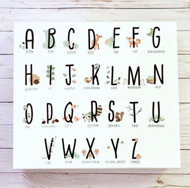 Acorn, bear, clover, deer, egg, fox, grasshopper, hedgehog, ivy, juniper, kookaburra, leaf, mushroom, nest, owl, dincecone, owl, raccoon, squirrel, twi, underbrush, vine, wolf, xentium, yellow jacket, zinnia alphabet print with whimsical animal and nature illustrations for children's decor and learning space.