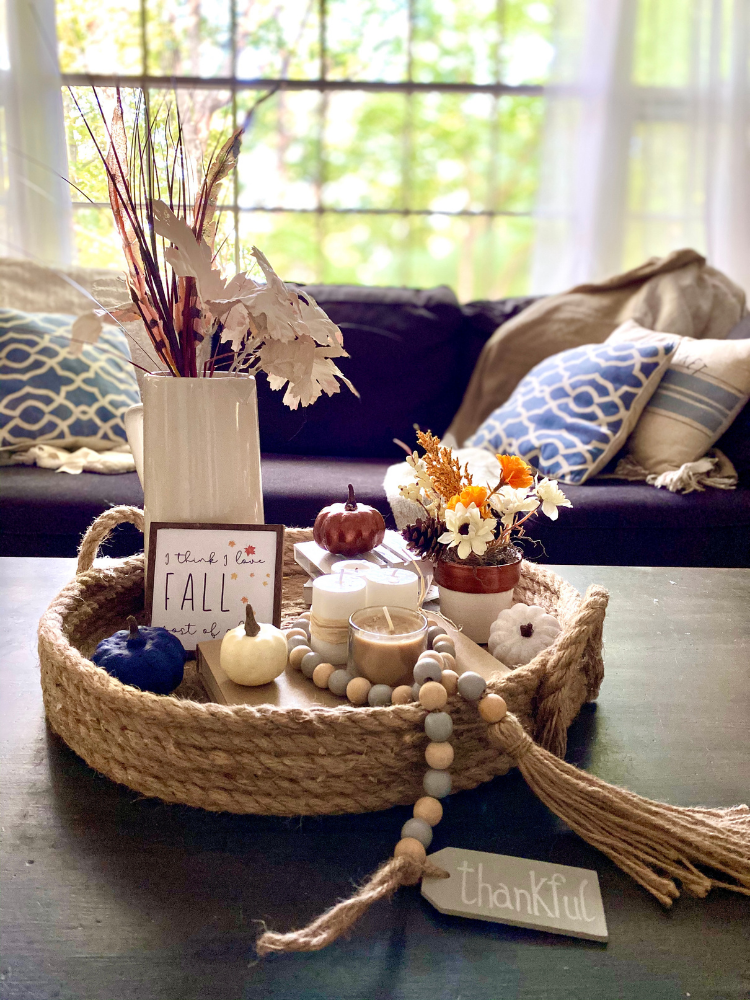 rope coffee table basket tray with fall decor for DIY project