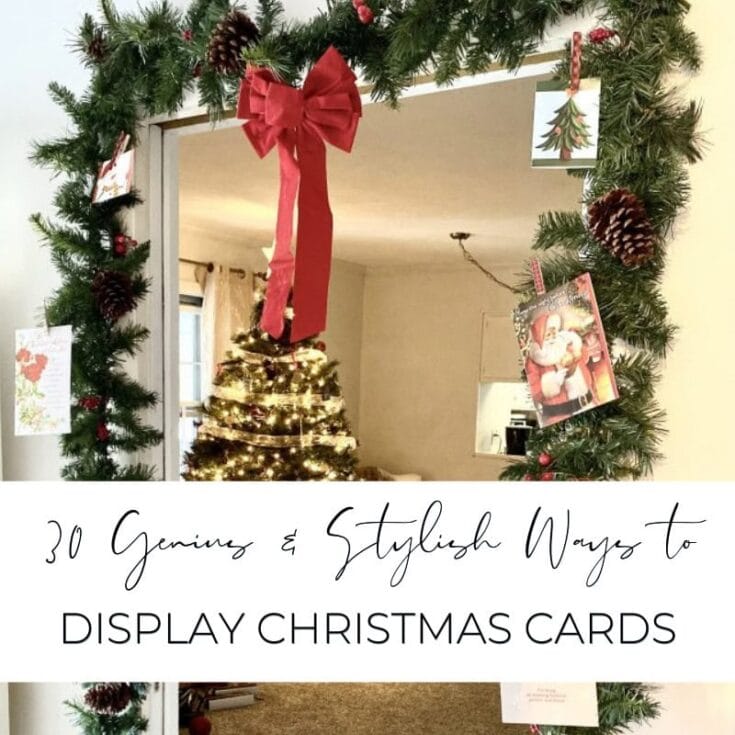 Festive Christmas wreath decor with pinecones, red ribbon bow, holiday cards, and a glowing Christmas tree inside a cozy home setting. Perfect for holiday decoration ideas.