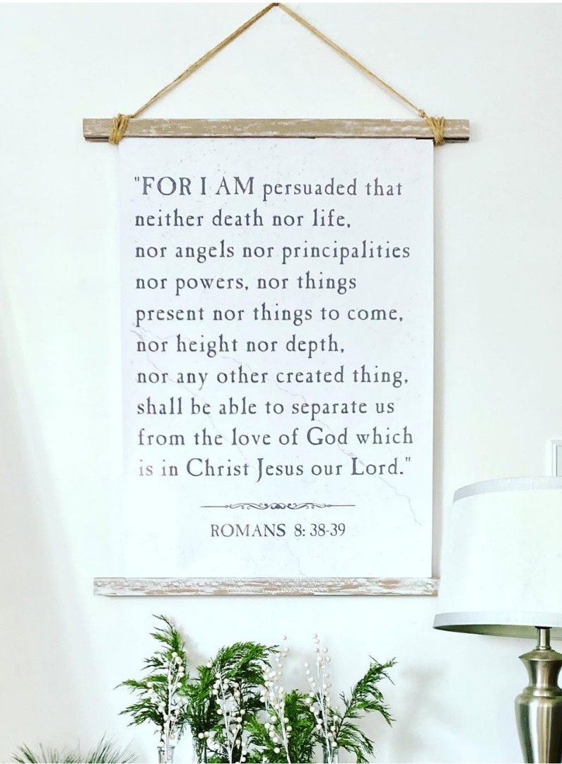 Romans 8:38-39 inspirational wall art hanging decor with biblical scripture, faith-inspired home decor for encouragement and spiritual reflection.
