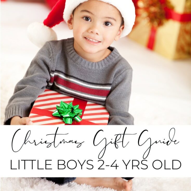 Cute young boy wearing Santa hat holding a Christmas gift with a green bow, perfect for holiday ornaments and Christmas gift ideas.