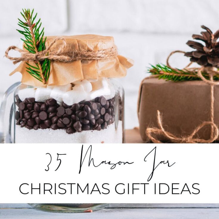 Delicious holiday-themed mason jar gift with chocolate, marshmallows, and festive decorations, perfect for Christmas gift ideas from A Hundred Affections.