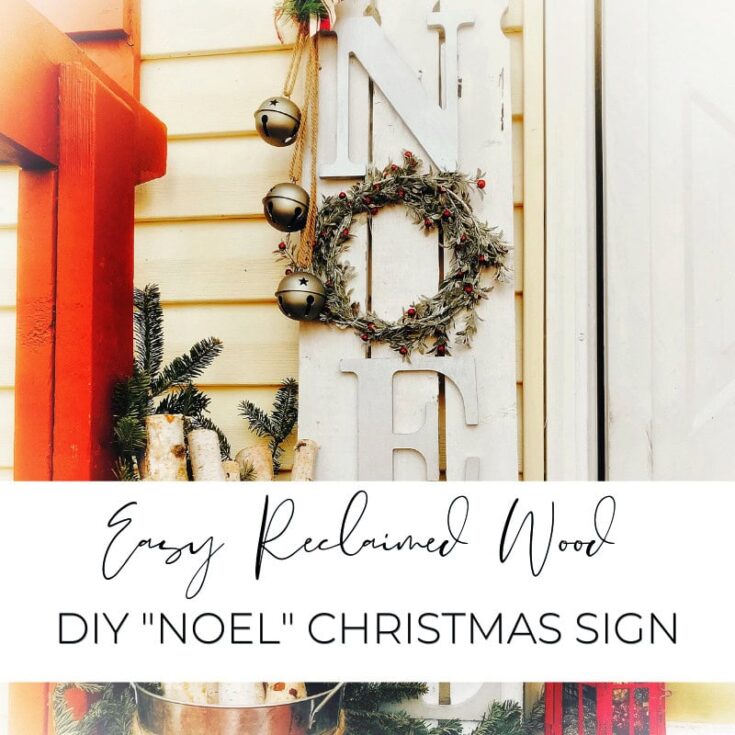 Rustic reclaimed wood Christmas sign with "Noel" letter decor, holiday wreath, and festive bells for winter home decor. Perfect DIY holiday decoration idea, blending natural elements with festive charm.