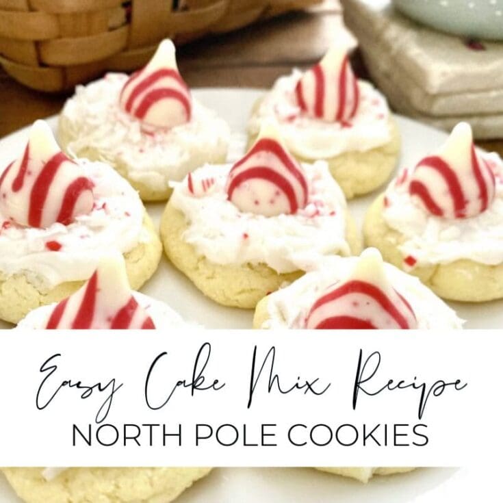 Butter cookies with red and white peppermint topping, holiday cookie recipe, easy cake mix cookies, Christmas dessert ideas, North Pole cookies, festive holiday baking, peppermint cookies from scratch.