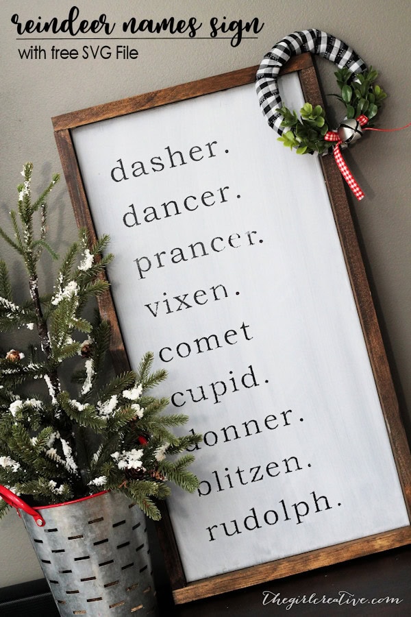 Reindeer names sign Christmas decor with festive wreath and mini Christmas tree for holiday decorations, perfect for winter and Christmas celebrations.