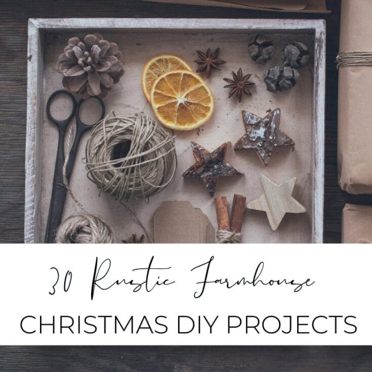 Rustic Christmas gift wrapping ideas, craft supplies, dried oranges, star anise, cinnamon sticks, twine, pinecones, scissors, and craft tags for festive holiday DIY projects.