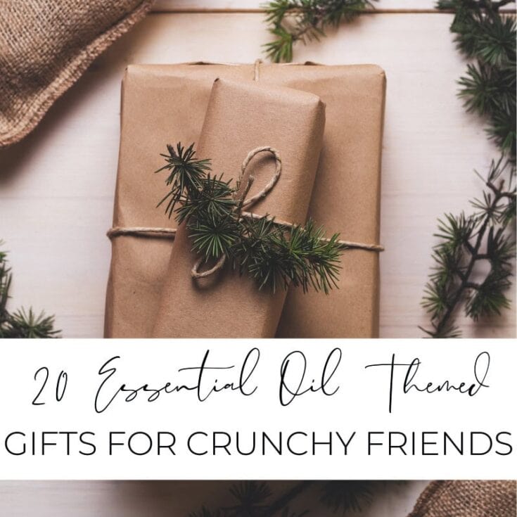 Handcrafted gifts wrapped in brown paper with pine accents, perfect for holiday presents and essential oil lovers.