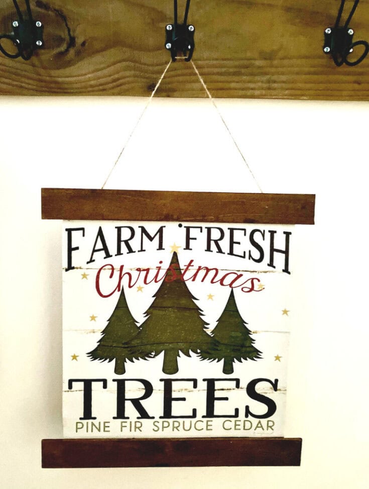 Farm fresh Christmas trees sign with pine fir, spruce, and cedar illustration, perfect for holiday decor. Handmade rustic wooden decor by A Hundred Affections.