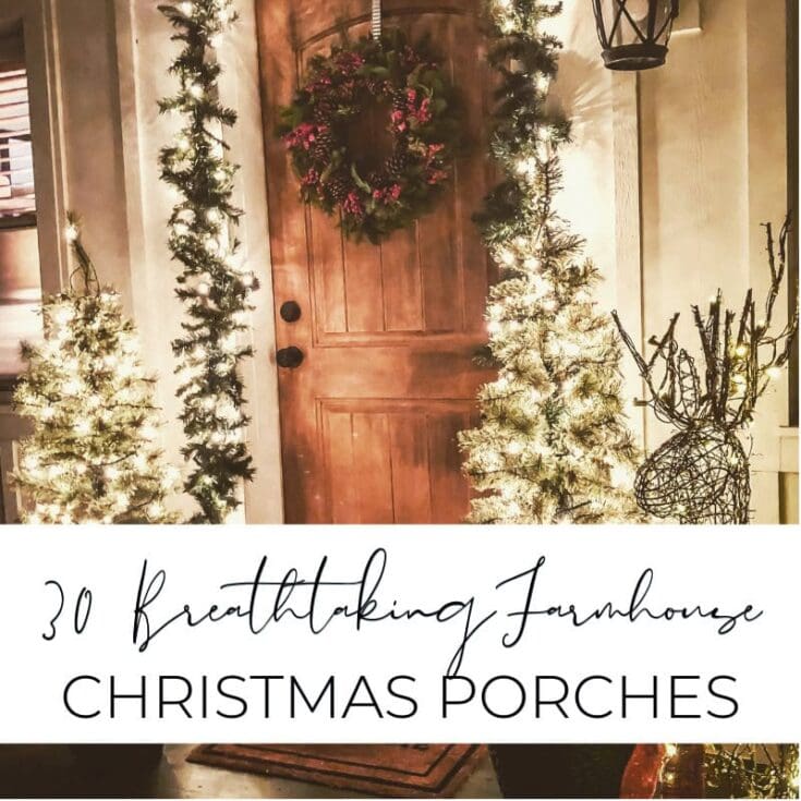 Faint Christmas porch decor with illuminated trees and wreath on wooden door, holiday winter decor, festive outdoor decoration for farmhouse style, cozy Christmas atmosphere, seasonal porch Christmas lighting.