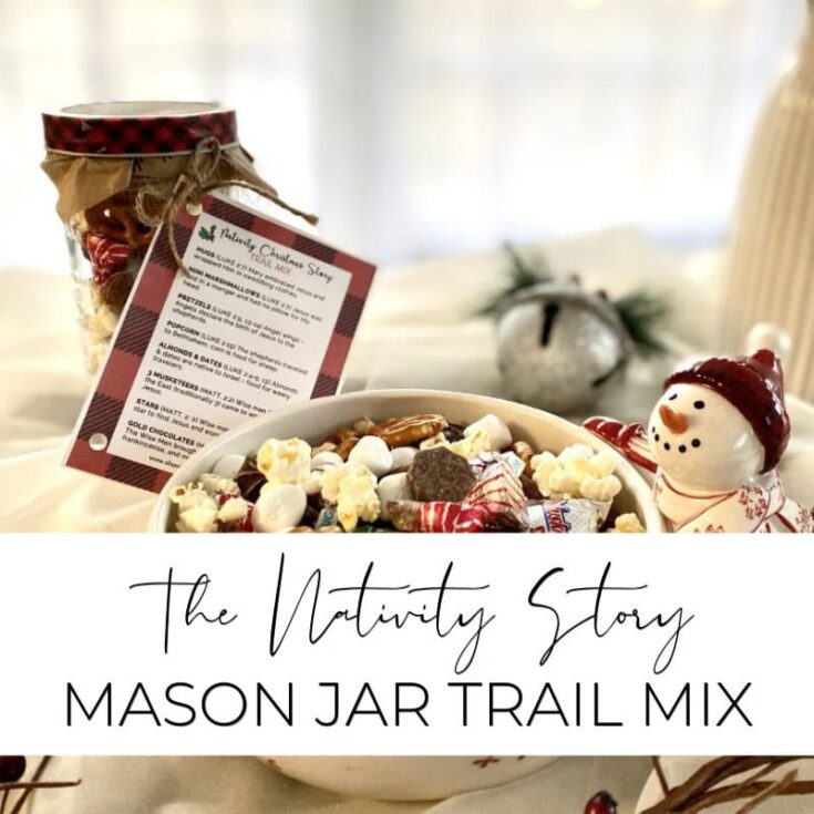 Festive Christmas trail mix with mason jar, holiday-themed packaging, marshmallows, chocolate, nuts, and popcorn for seasonal snacking.