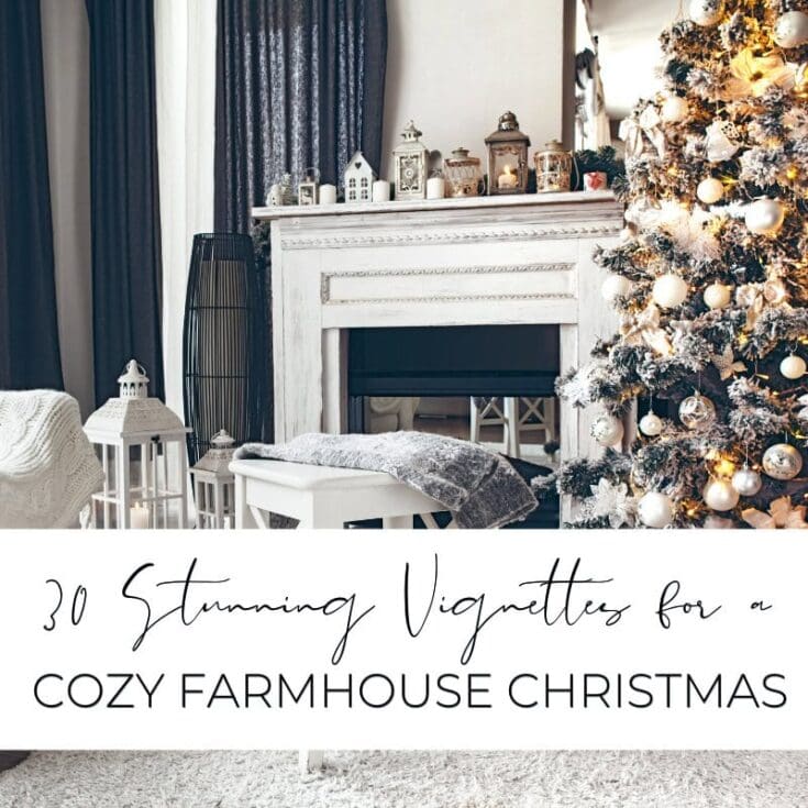 Elegant Christmas holiday living room with decorated Christmas tree, cozy fireplace, and farmhouse decor for festive seasonal interior styling.
