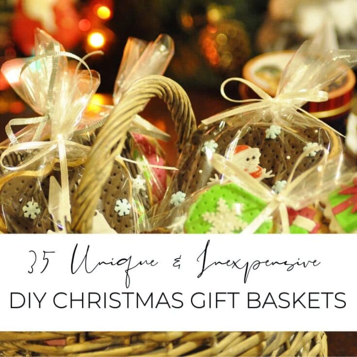 Festive Christmas gift baskets filled with handmade treats, cookies, and holiday-themed goodies wrapped in clear cellophane and adorned with ribbons, perfect for holiday gifting.