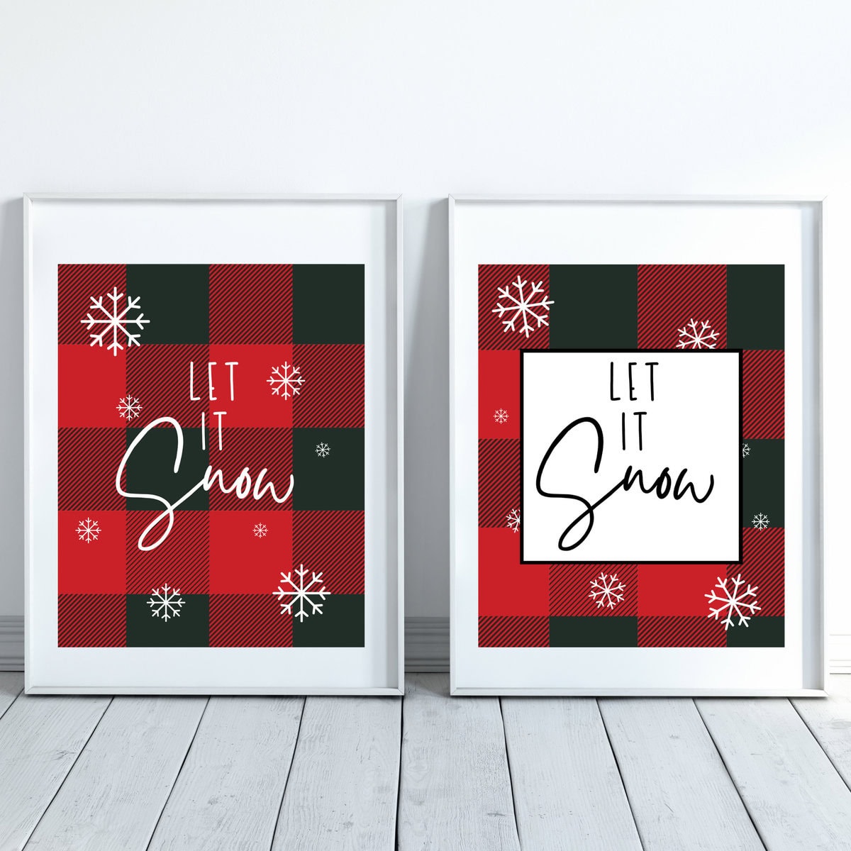 Christmas holiday decor featuring festive "Let It Snow" prints with snowflakes on red and black plaid backgrounds, ideal for winter and holiday seasonal wall art.