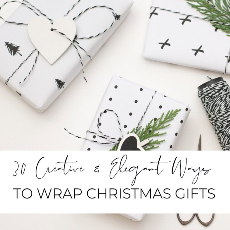 Wrapped Christmas gifts with elegant black and white wrapping paper, twine, and festive greenery, creating a beautiful holiday presentation, perfect for holiday gift ideas and Christmas decoration inspiration.
