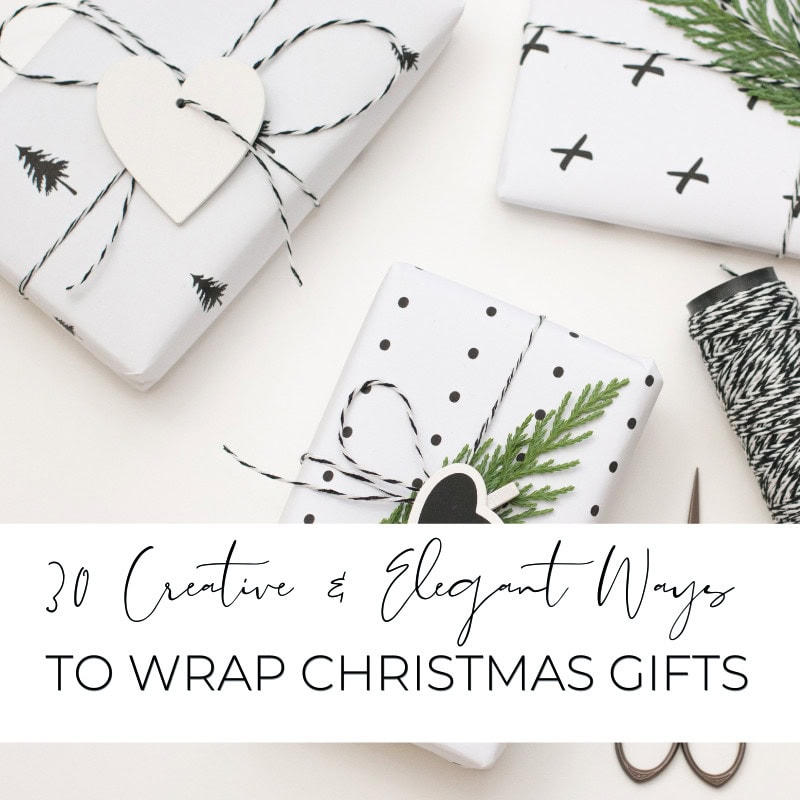 Wrapped Christmas gifts with elegant black and white wrapping paper, twine, and festive greenery, creating a beautiful holiday presentation, perfect for holiday gift ideas and Christmas decoration inspiration.