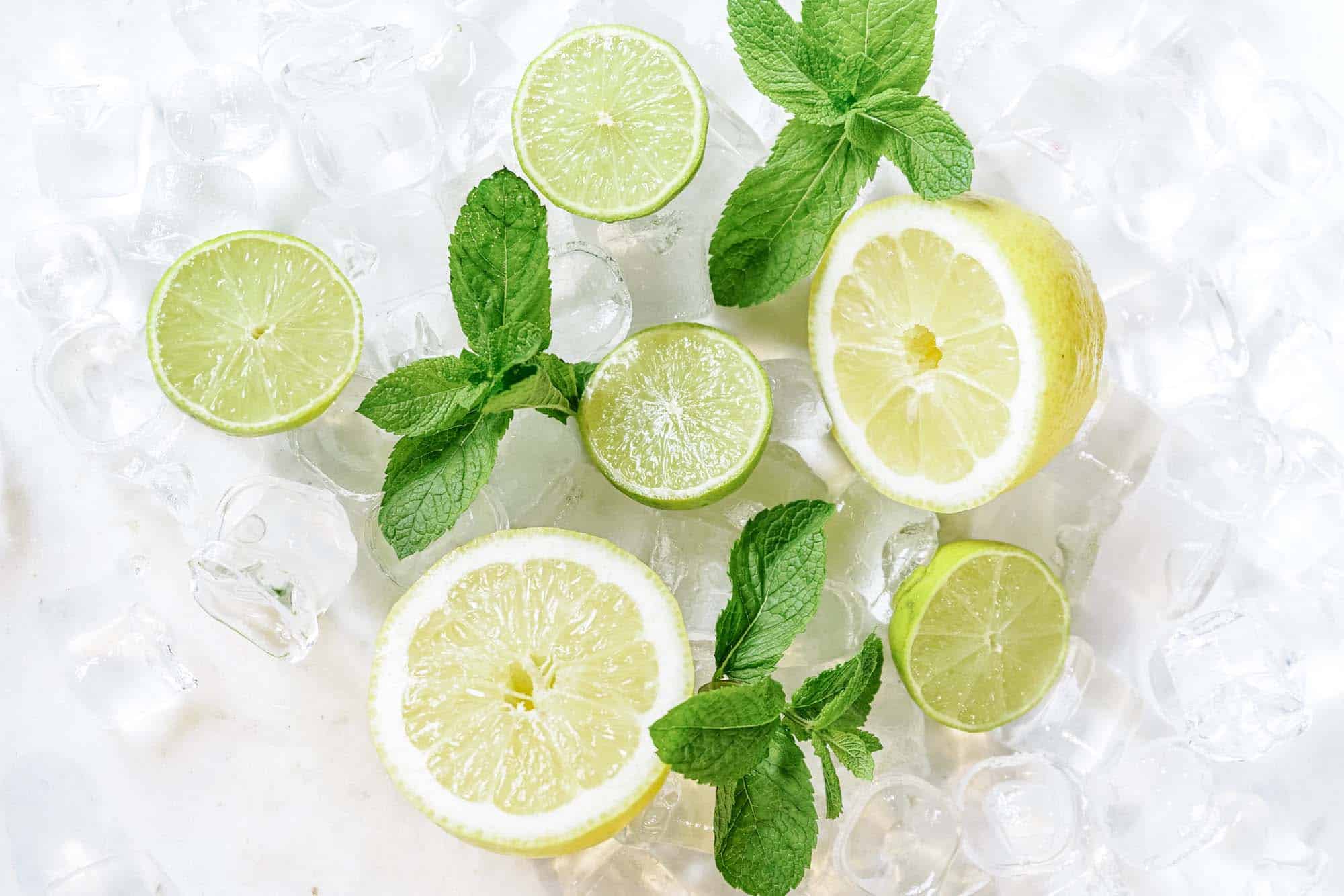 Fresh lemon and lime slices with mint leaves on ice, summer refreshing beverage ingredients.