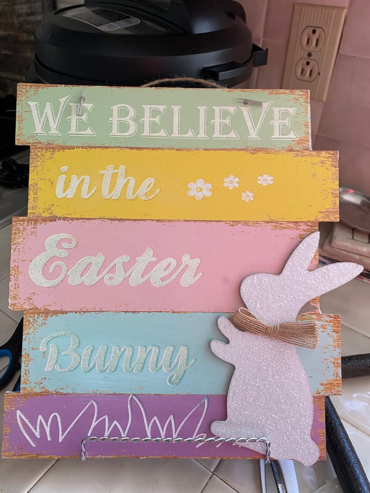 We believe in the Easter Bunny wooden sign with pastel colors, bunny figure, and festive message for spring Easter decor.