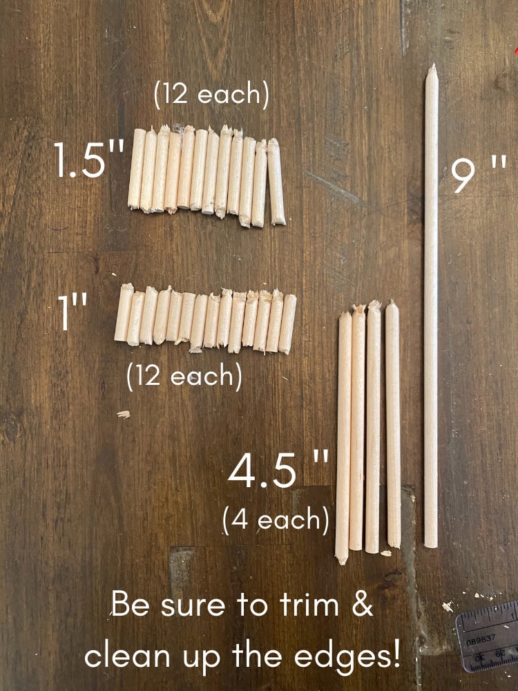 Small wooden candles for craft or decoration projects, 1.5" and 1" sizes, with 12 pieces each, and larger 4.5" candles, ideal for making personalized candles or home decor - all shown on a wooden surface.