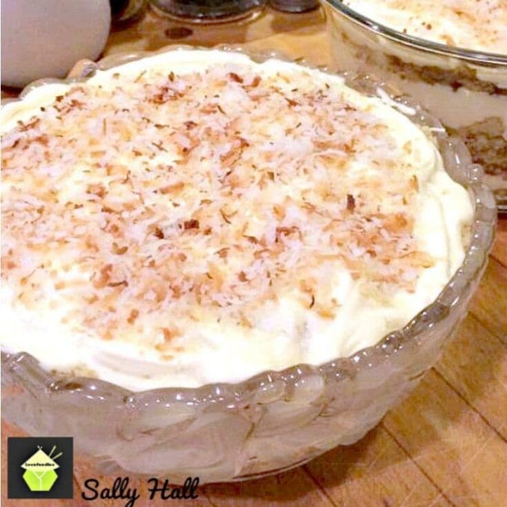 Creamy coconut fluff dessert in a glass serving bowl with toasted coconut topping, perfect for tropical-inspired desserts and party treats at A Hundred Affections.