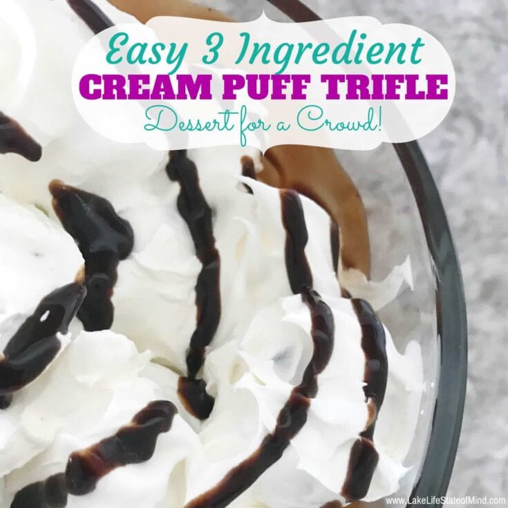 Cream puff trifle dessert topped with whipped cream and chocolate drizzle, perfect for sharing at parties or gatherings. A delicious and easy 3-ingredient sweet treat from A Hundred Affections.