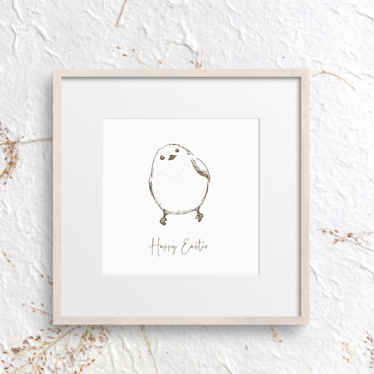 Whimsical Easter bird illustration with "Happy Easter" text, minimalist design, perfect for spring holiday decor and greeting cards. Elegant line art showcasing a cute, simple chick drawing.