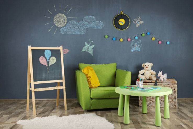 A vibrant children's playroom featuring a green armchair, chalkboard with colorful chalk drawings, and playful teddy bears, perfect for creating joyful and loving moments.