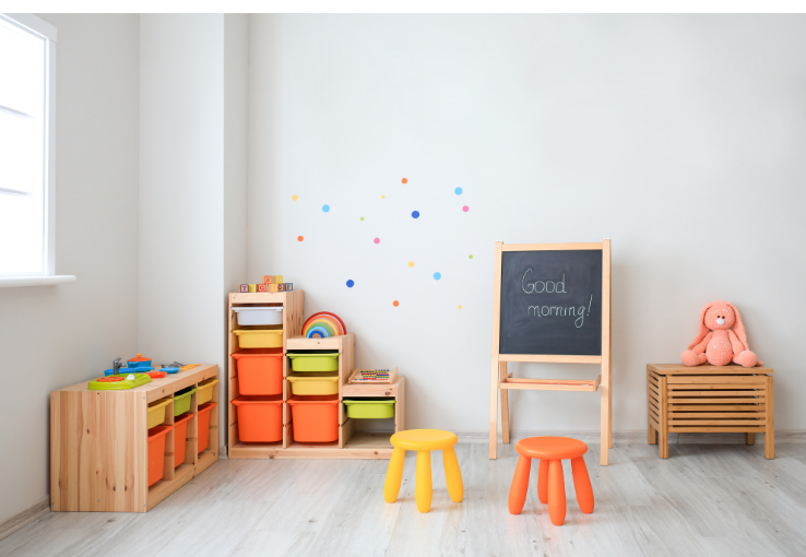 colorful storage cubes and stools in budget playroom