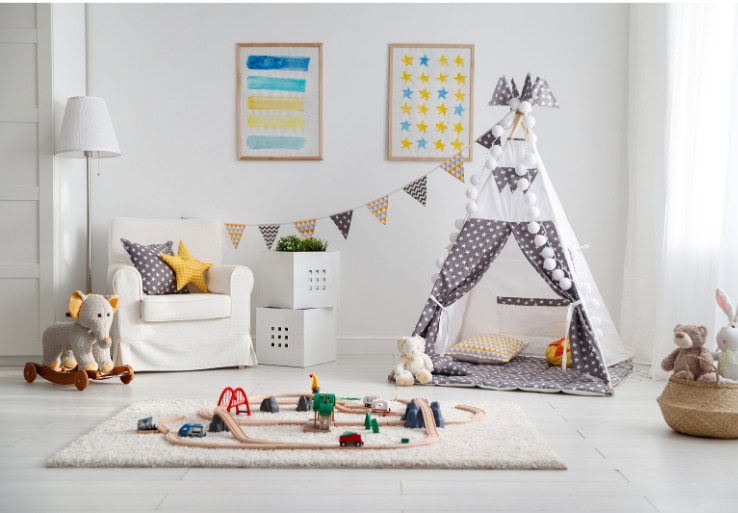 Colorful children's playroom with a cozy teepee, plush toys, and playful decor for a warm, inviting space. Perfect for kids' bedrooms or nurseries, featuring star-themed accents and soft furnishings.